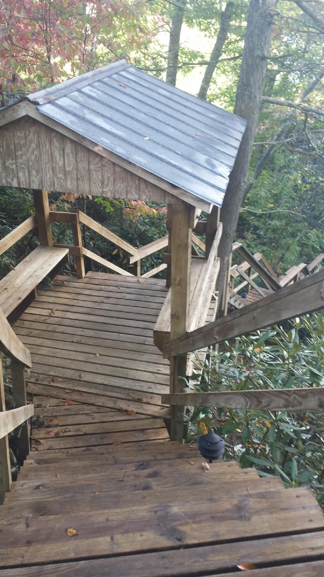 Metal roofed shelter over wooden steps on a wooded walkway — Skylight Repair & Installation work by our crew in Pacolet Mills